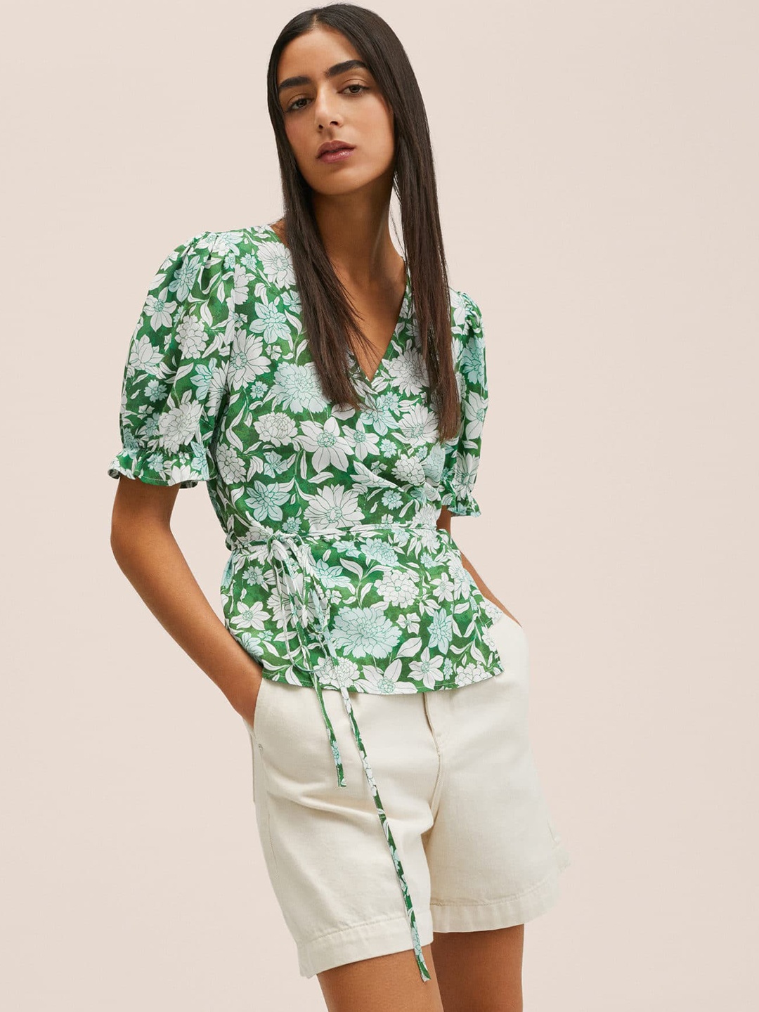 

MANGO Women Green & White Floral Print Wrap Top