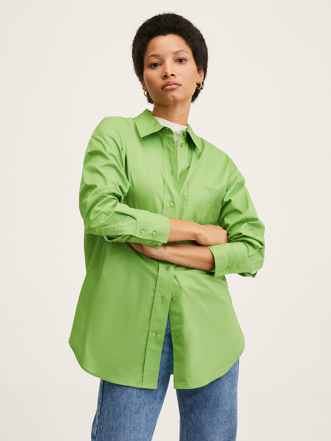 

MANGO Women Green Pure Cotton Solid Oversize Casual Shirt