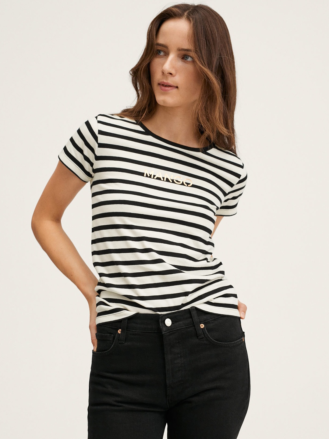

MANGO Women Black & White Striped Brand Logo Printed Pure Cotton T-shirt