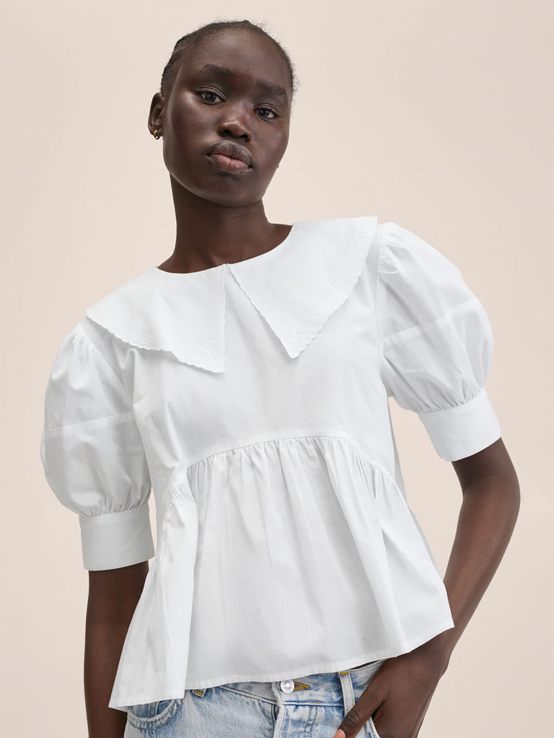 

MANGO Women White Pure Cotton Peter Pan Collar Empire Top