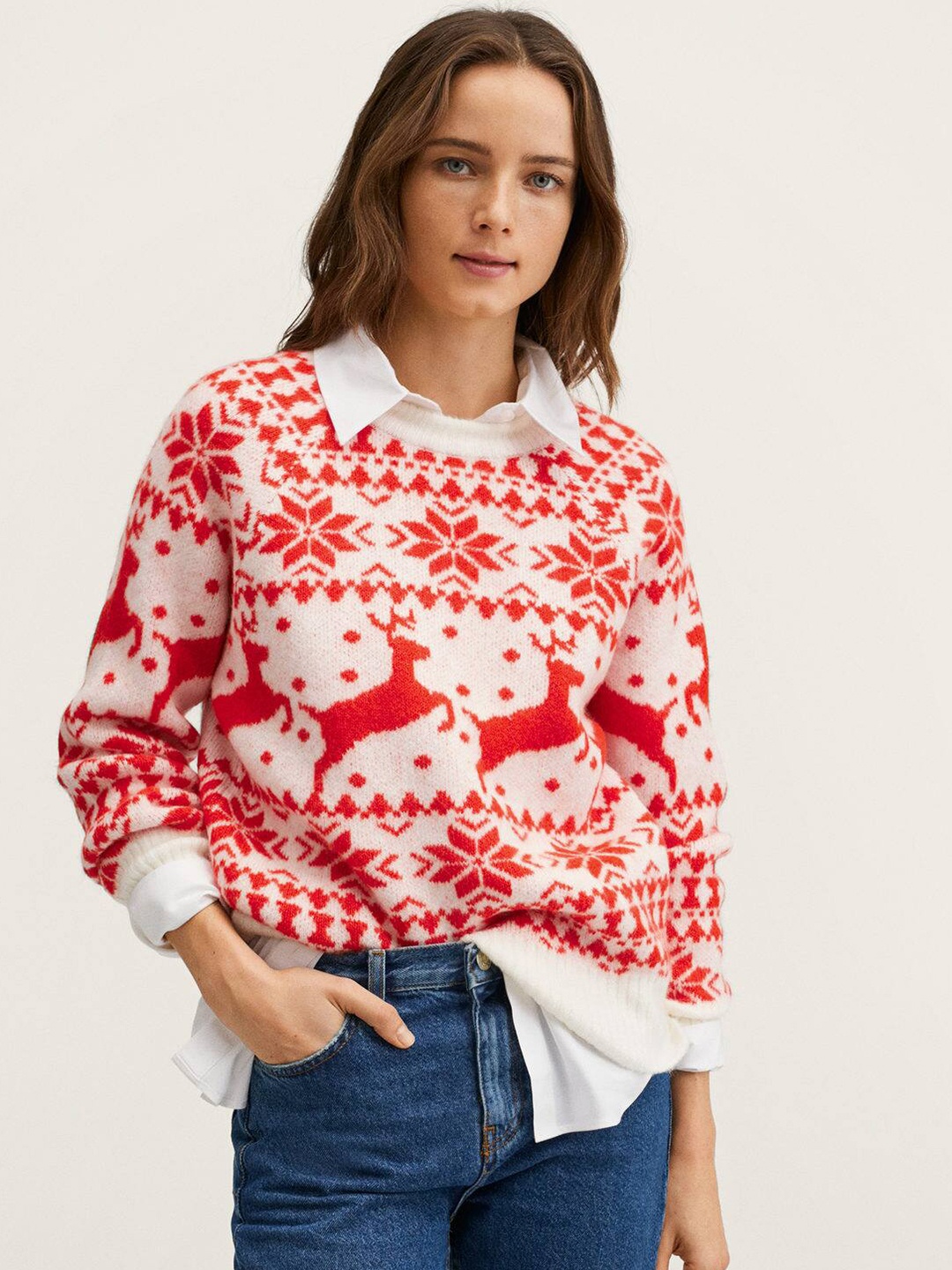 

MANGO Women Red & White Fair Isle Printed Pullover