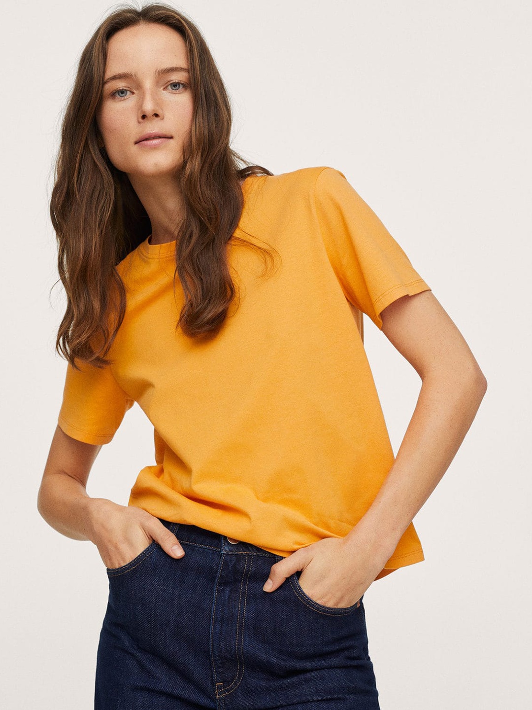 

MANGO Women Mustard Yellow Solid Pure Cotton T-shirt