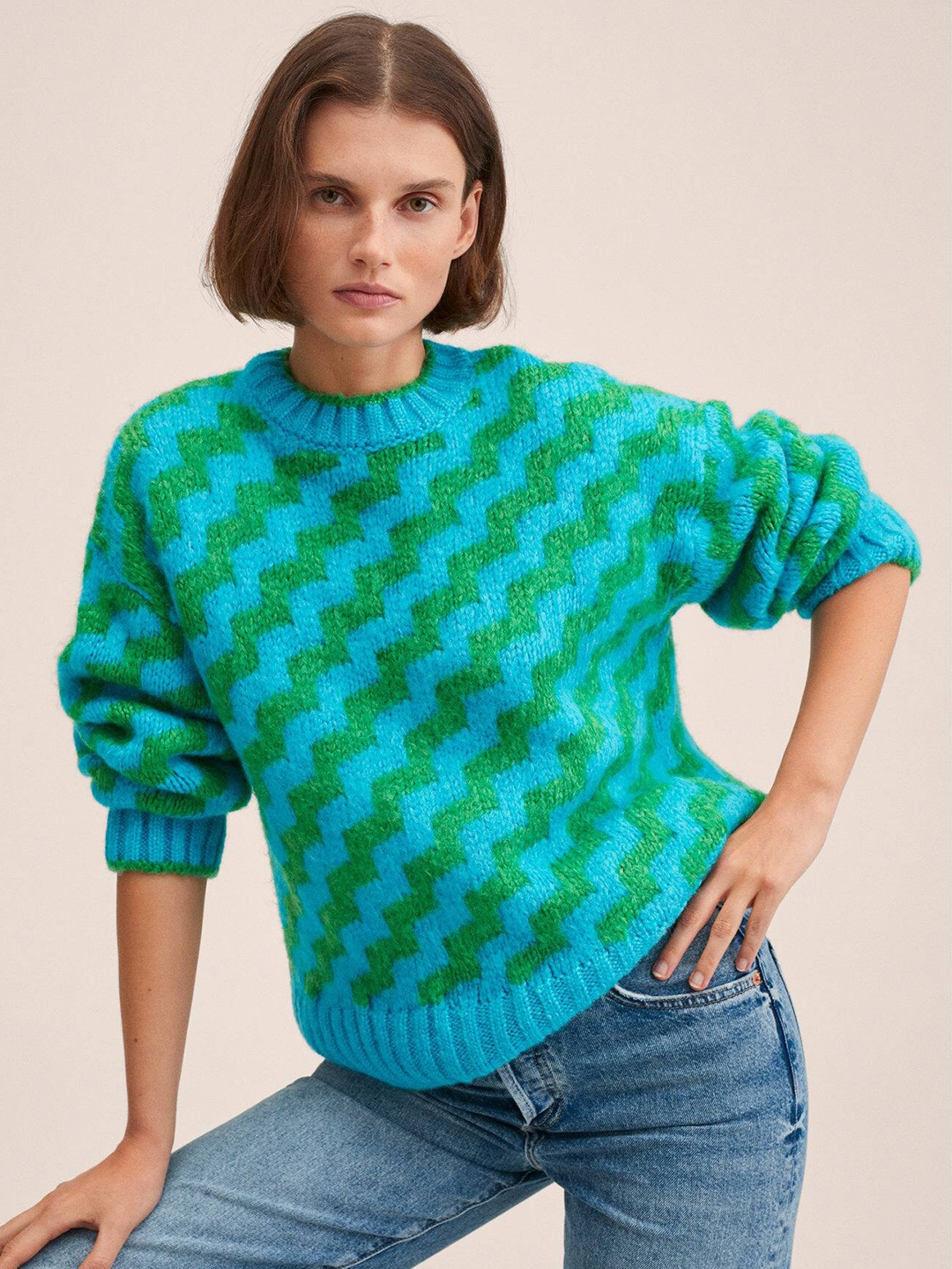

MANGO Women Blue & Green Chevron Self-Design Pullover