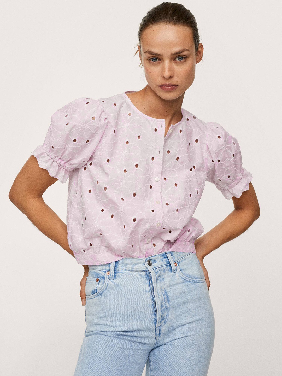 

MANGO Women Pink Pure Cotton Floral Embroidered Blouson Schiffli Top