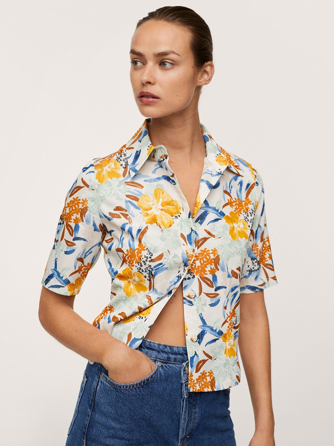 

MANGO Women White & Mustard Yellow Floral Printed Casual Shirt