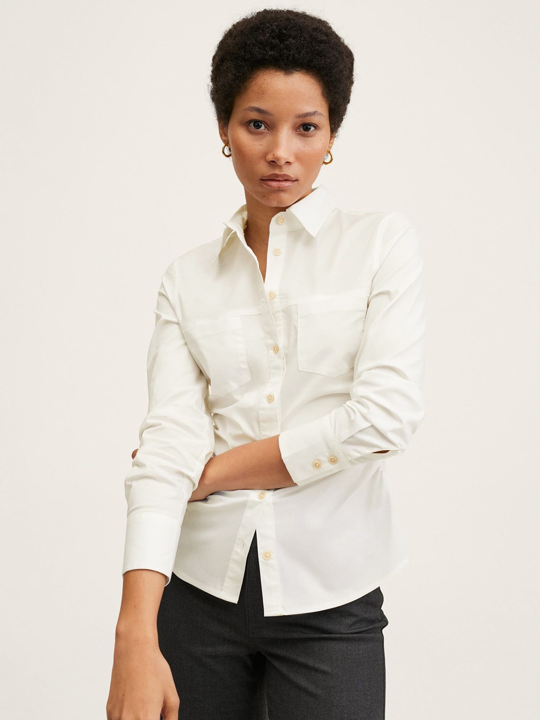 

MANGO Women Off White Casual Shirt