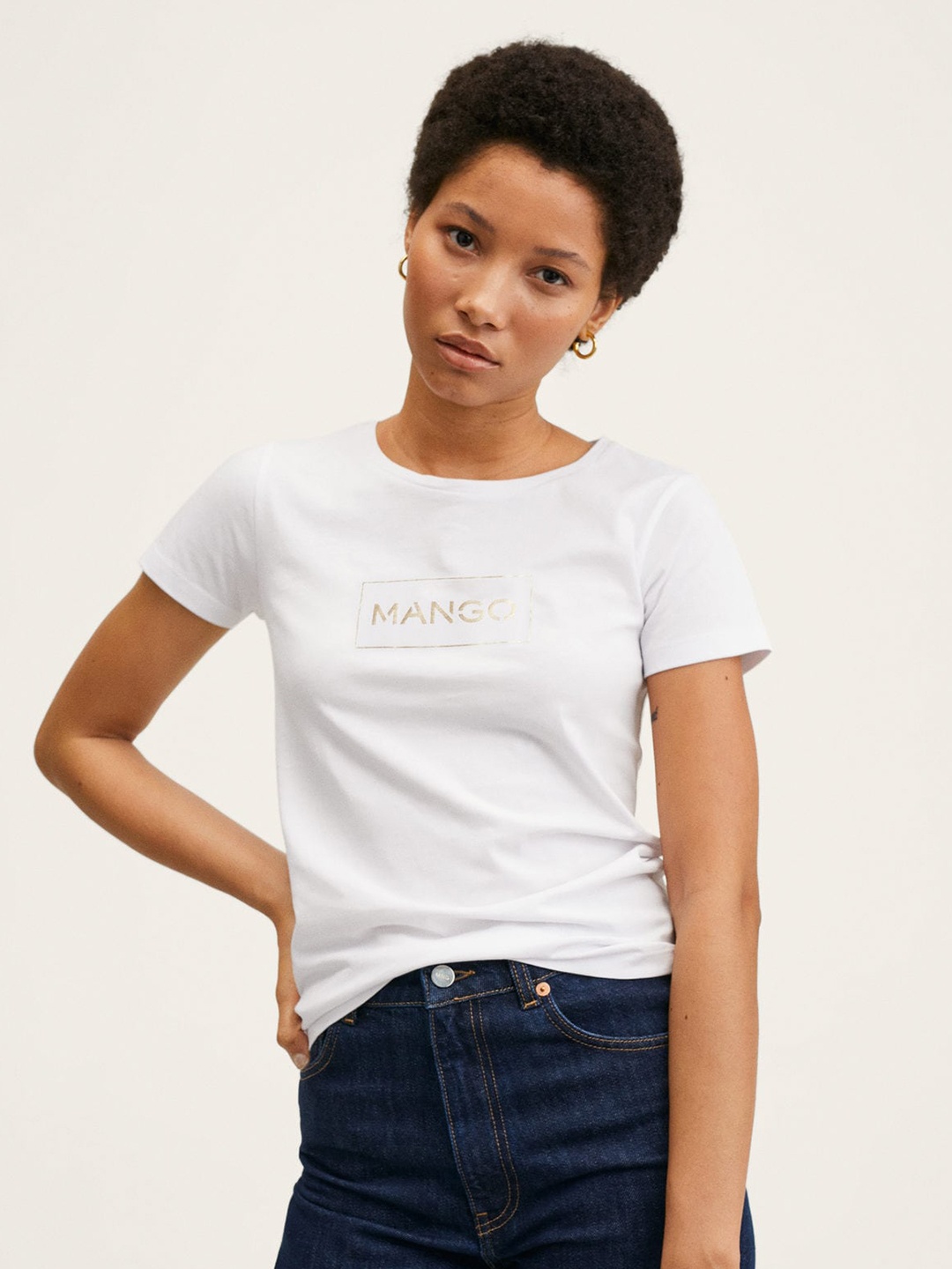 

MANGO Women White & Golden Pure Cotton Brand Logo Print T-shirt
