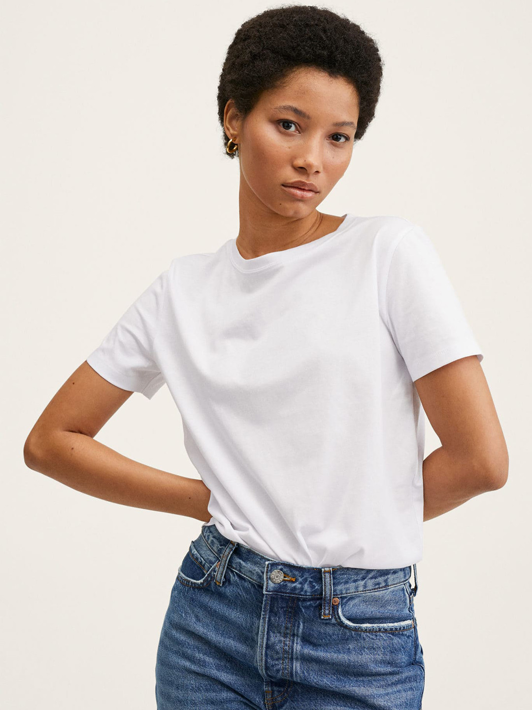 

MANGO Women White Pure Cotton Solid T-shirt