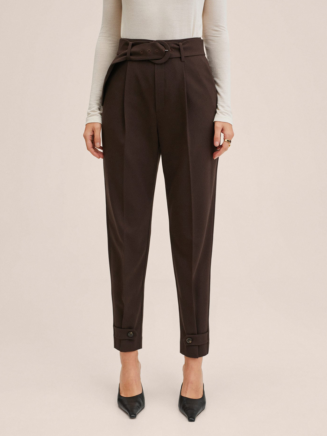 

MANGO Women Coffee Brown Solid Slouchy Fit High-Rise Trousers