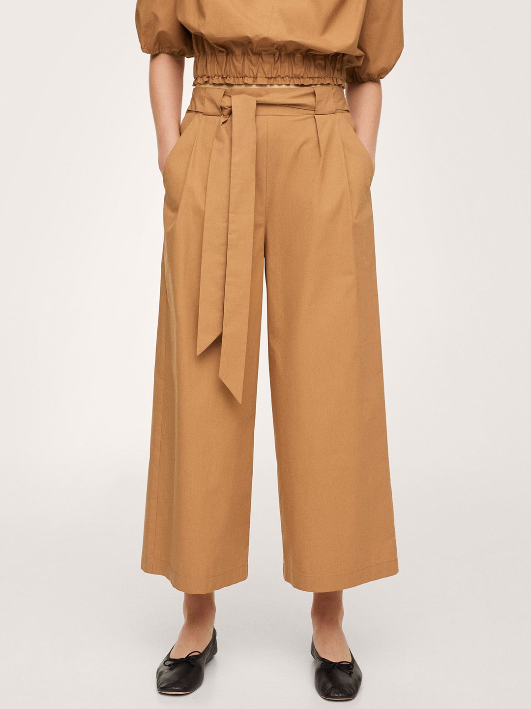 

MANGO Women Brown Pure Cotton Pleated Culottes Trousers