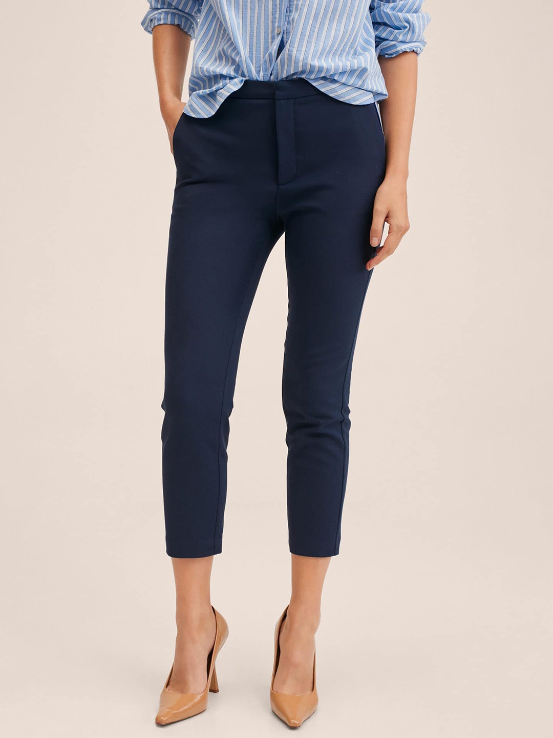 

MANGO Women Navy Blue Solid Cropped Trousers