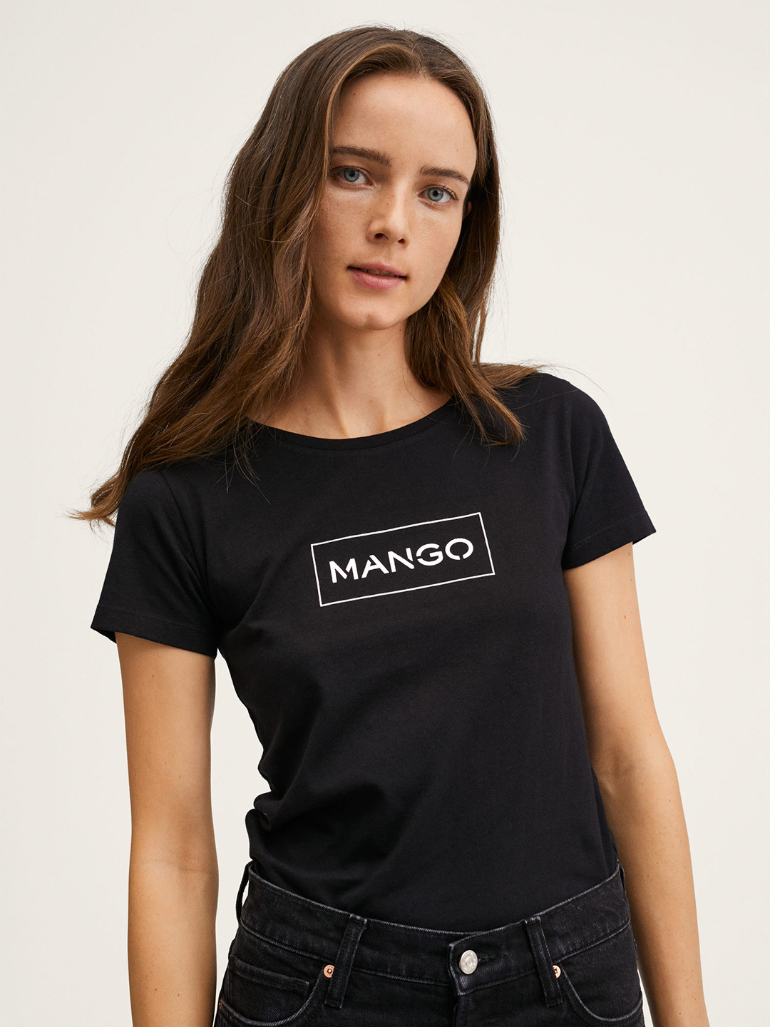 

MANGO Women Black & White Brand Logo Printed Cotton T-shirt