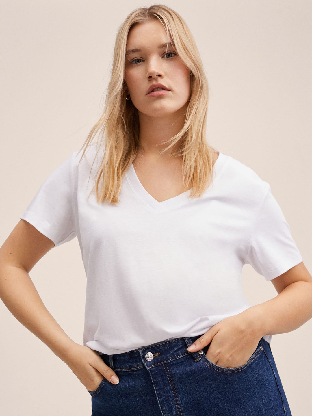 

MANGO Women White V-Neck Pure Cotton T-shirt