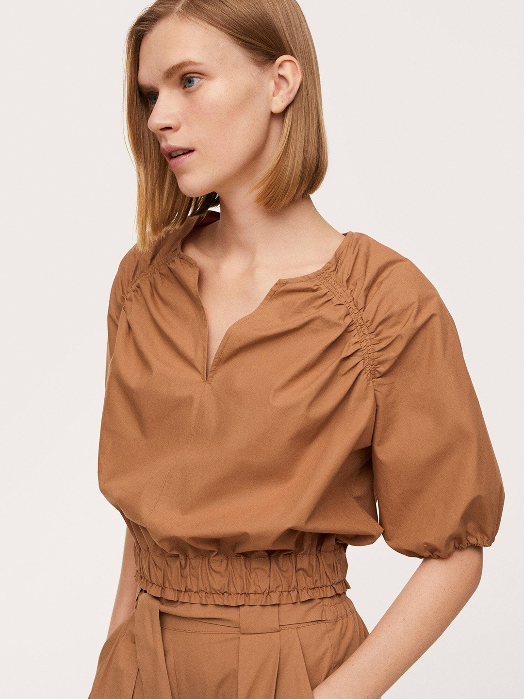 

MANGO Women Rust Brown Pure Cotton Blouson Crop Top