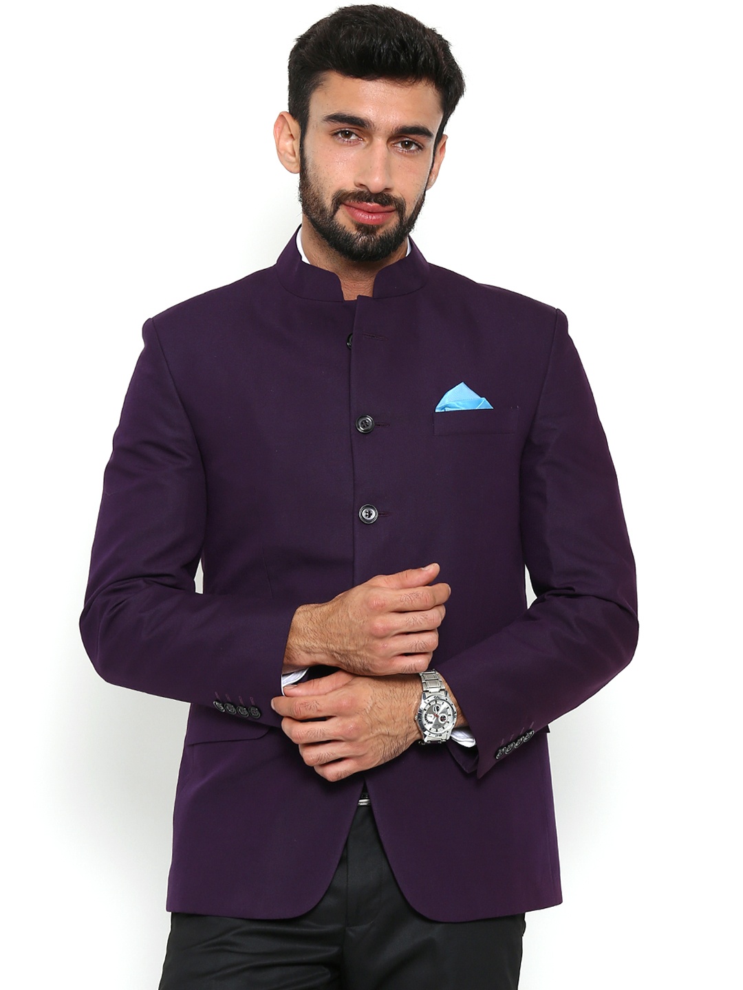 

Shaftesbury London Men Purple Single-Breasted Regular Fit Ethnic Bandhgala Blazer