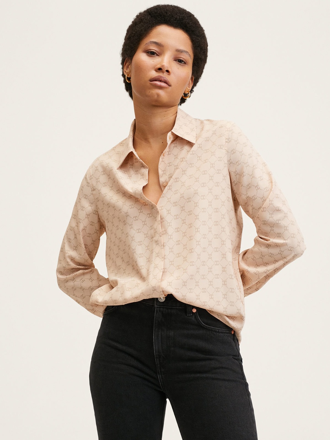

MANGO Women Peach-Coloured & Grey Printed Casual Shirt
