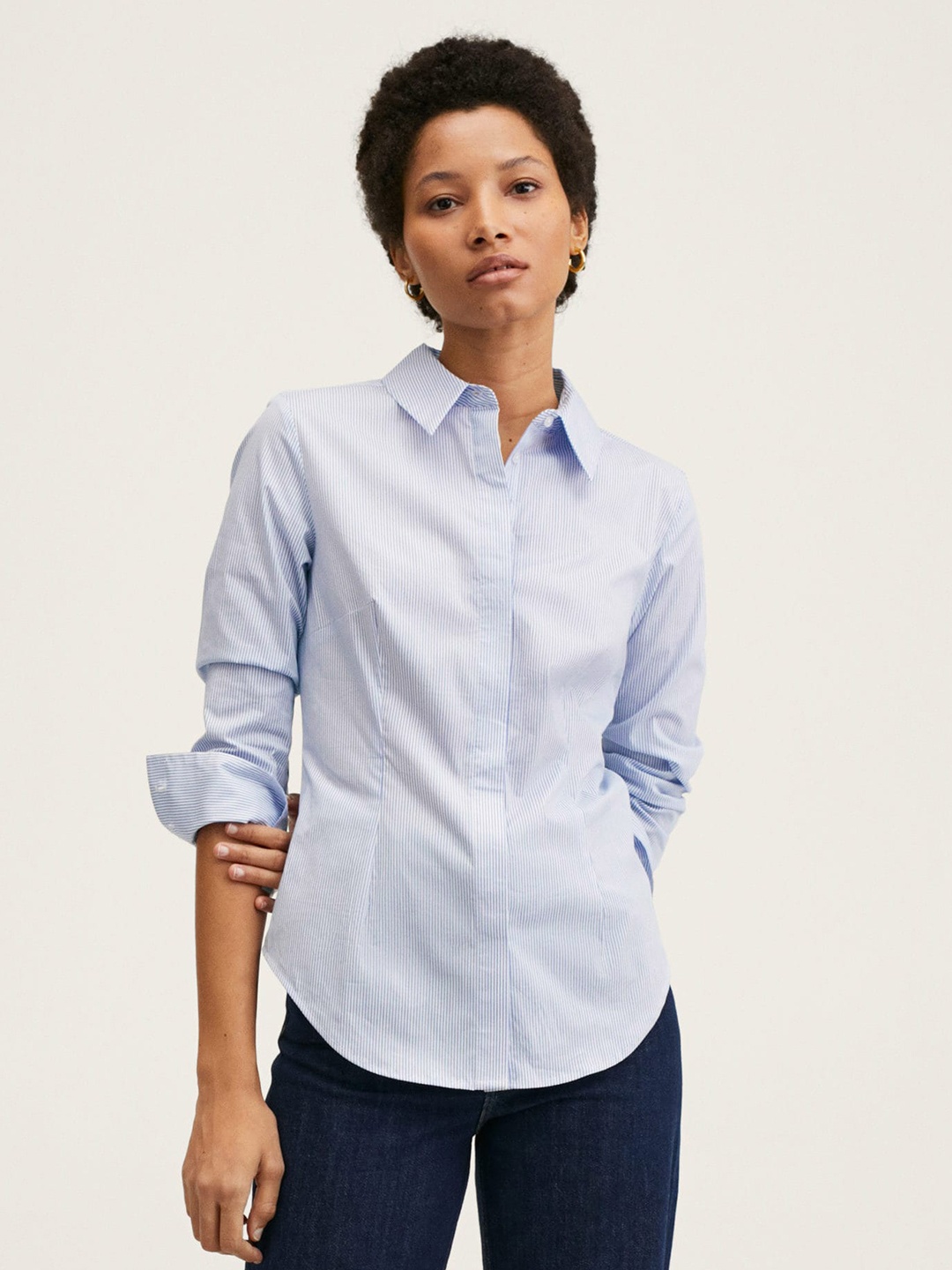 

MANGO Women Blue Pinstripes Casual Shirt