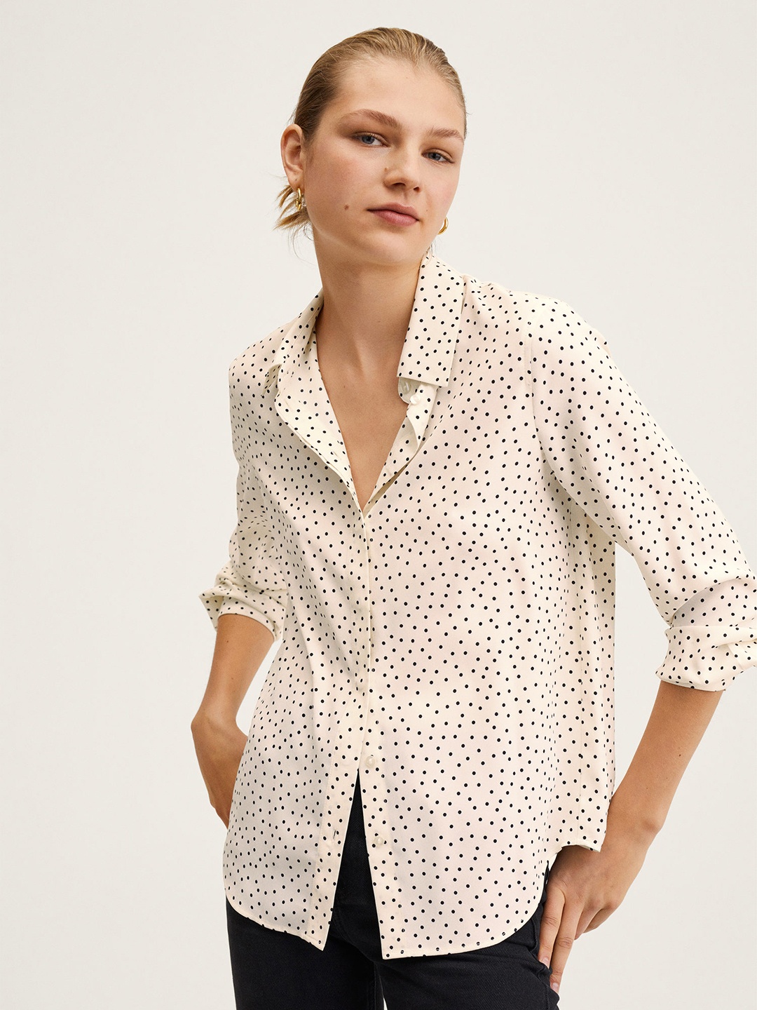 

MANGO Women White & Black Polka Dots Print Casual Shirt