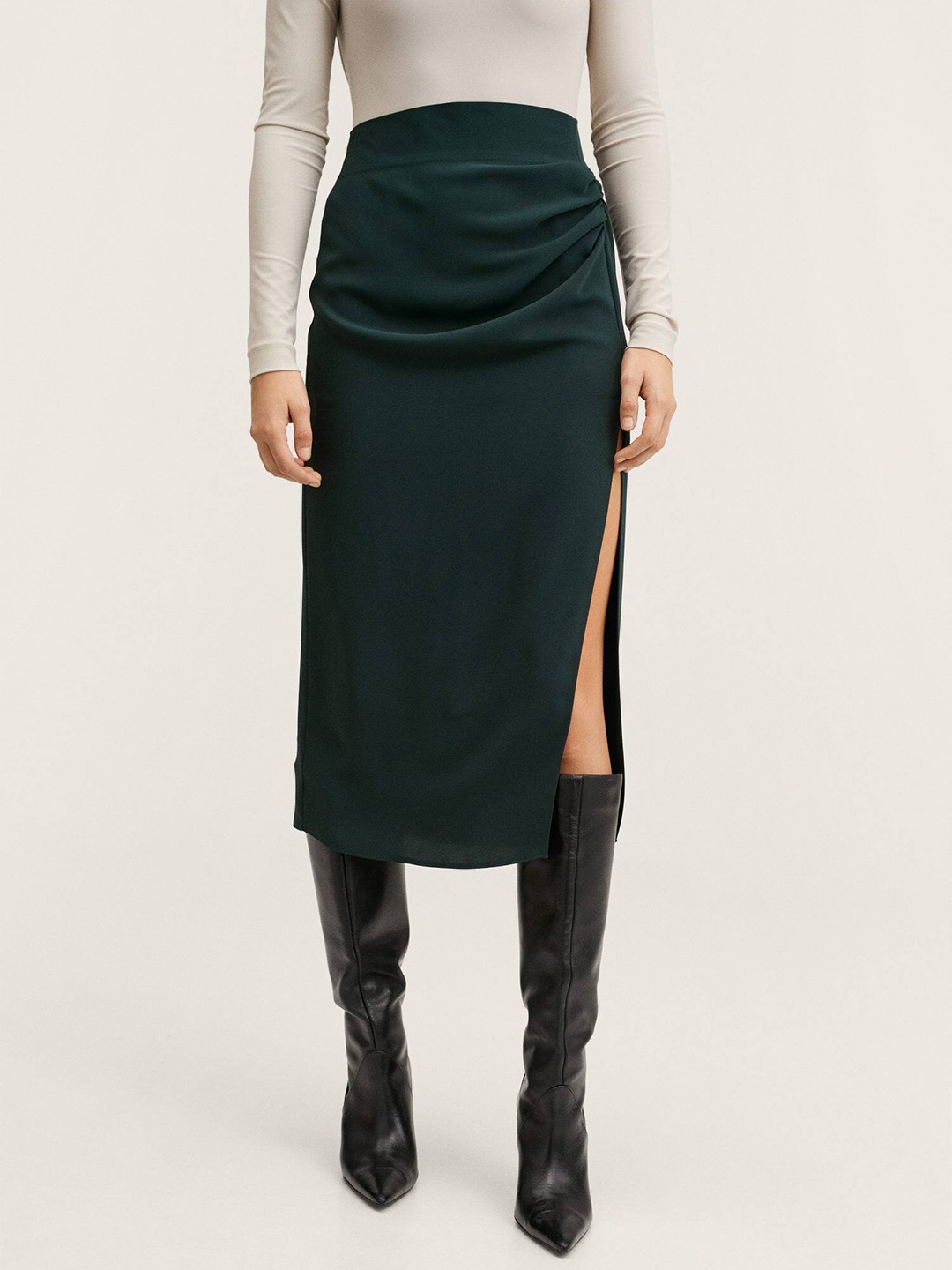 

MANGO Women Green Solid Ruched Slit Pencil Midi Skirt