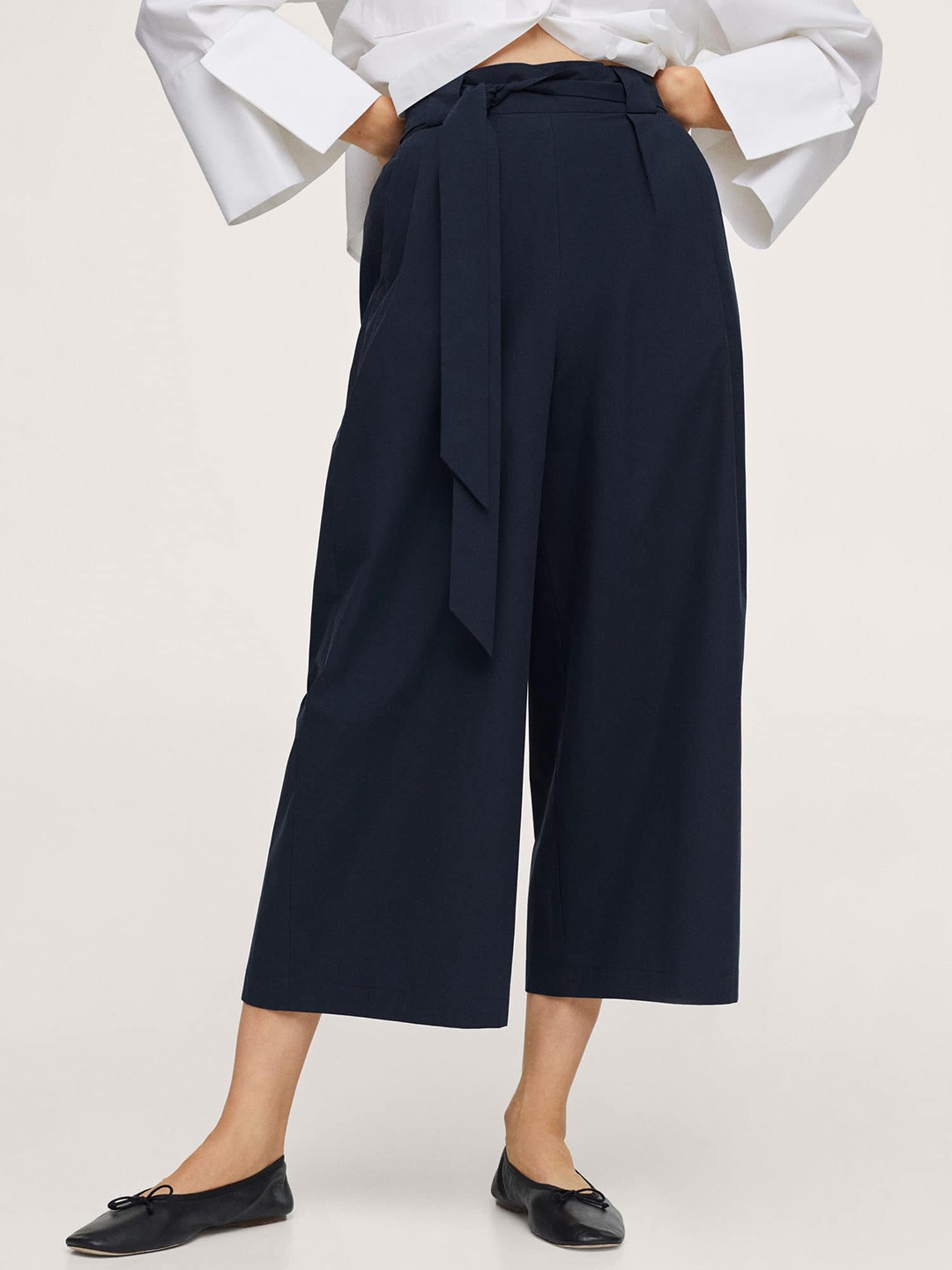 

MANGO Women Navy Blue Pure Cotton Pleated Culottes Trousers