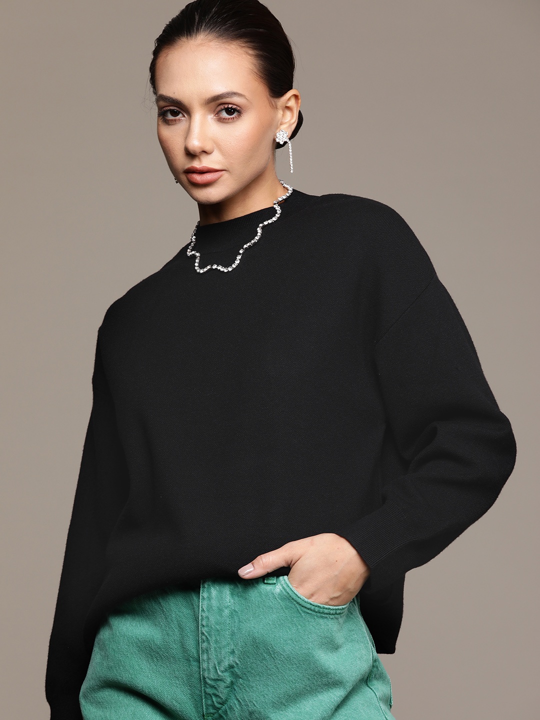 

MANGO Women Black Solid Pullover