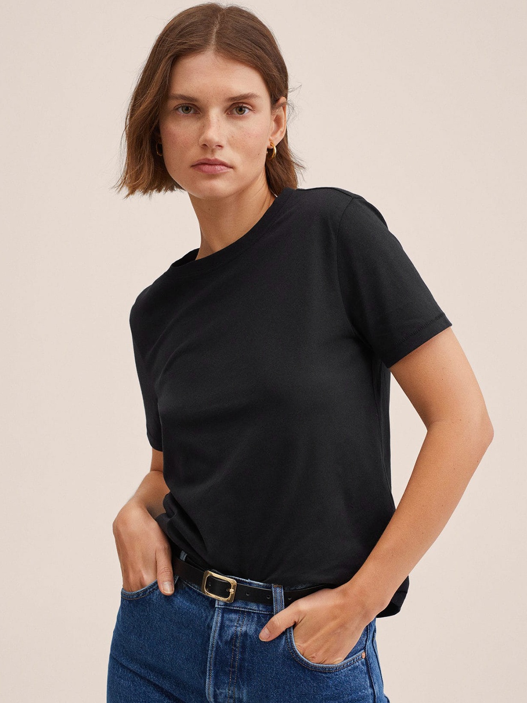 

MANGO Women Black Solid Pure Cotton T-shirt