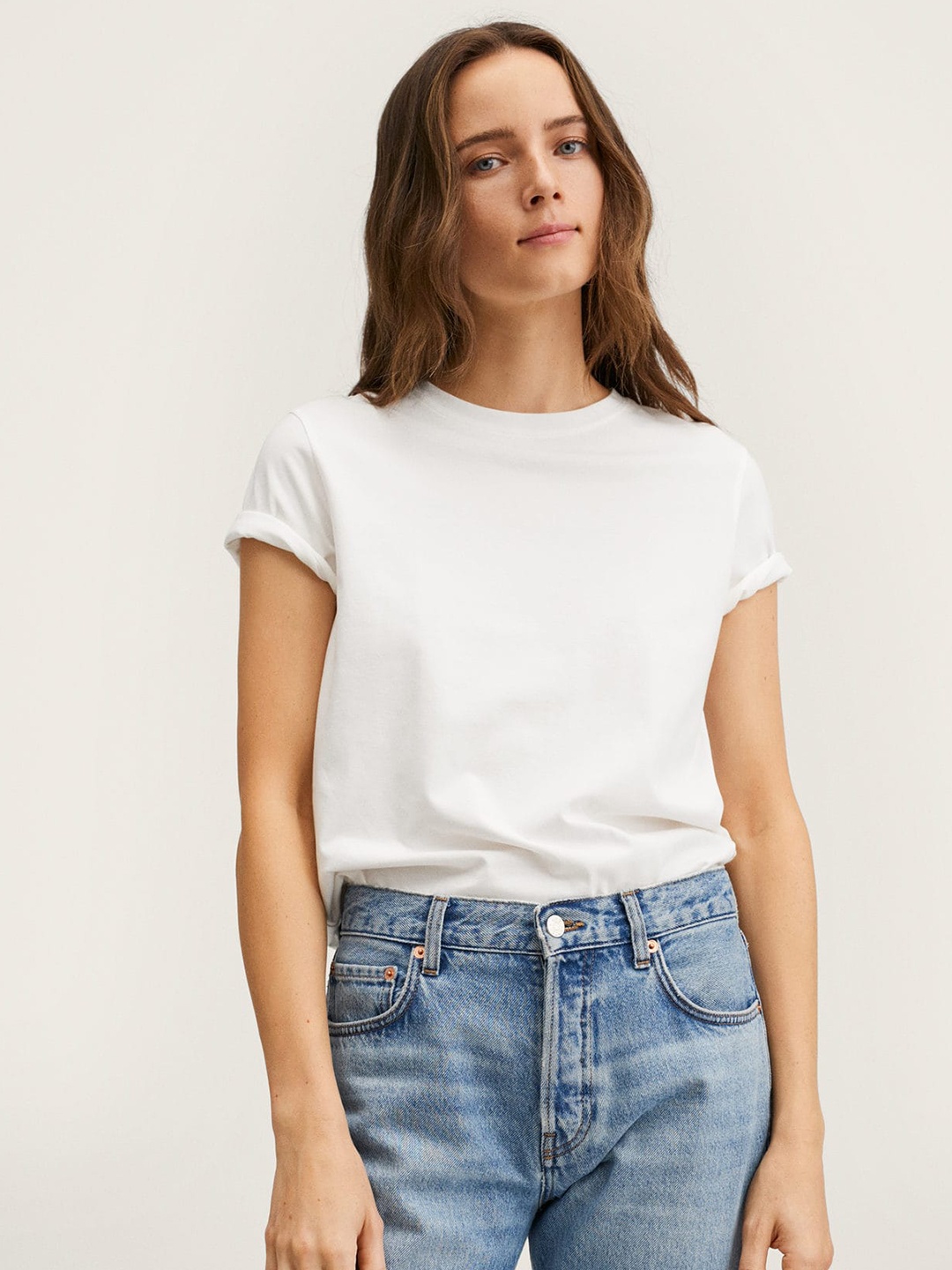 

MANGO Women White Solid Pure Cotton T-shirt