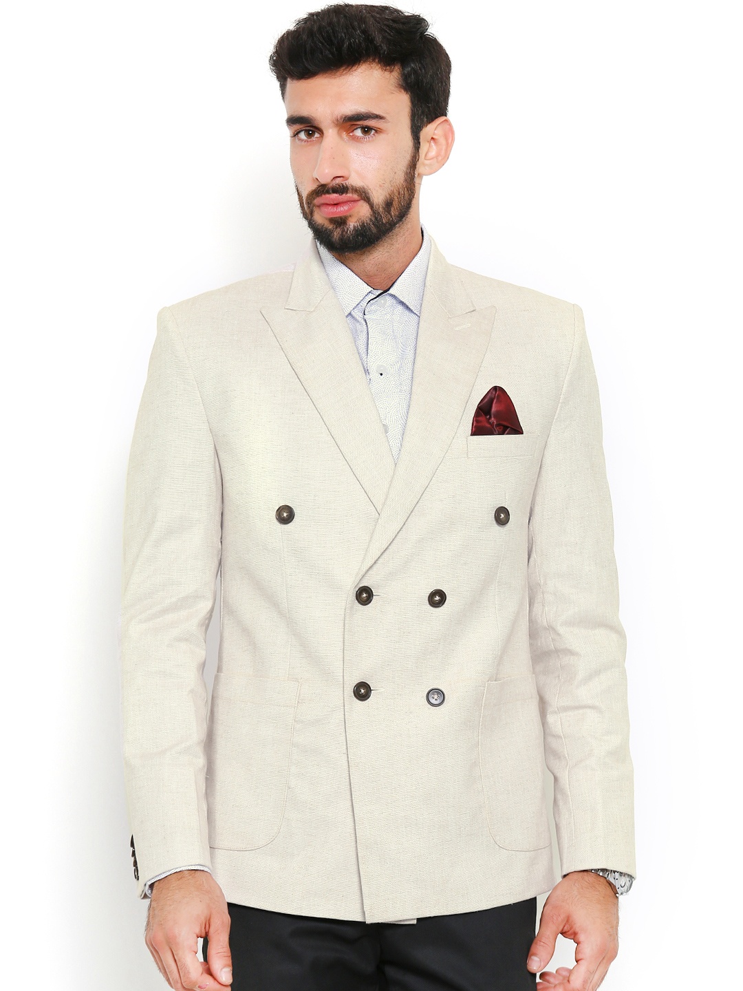 

Shaftesbury London Beige Regular Fit Double-Breasted Formal Pure Cotton Blazer