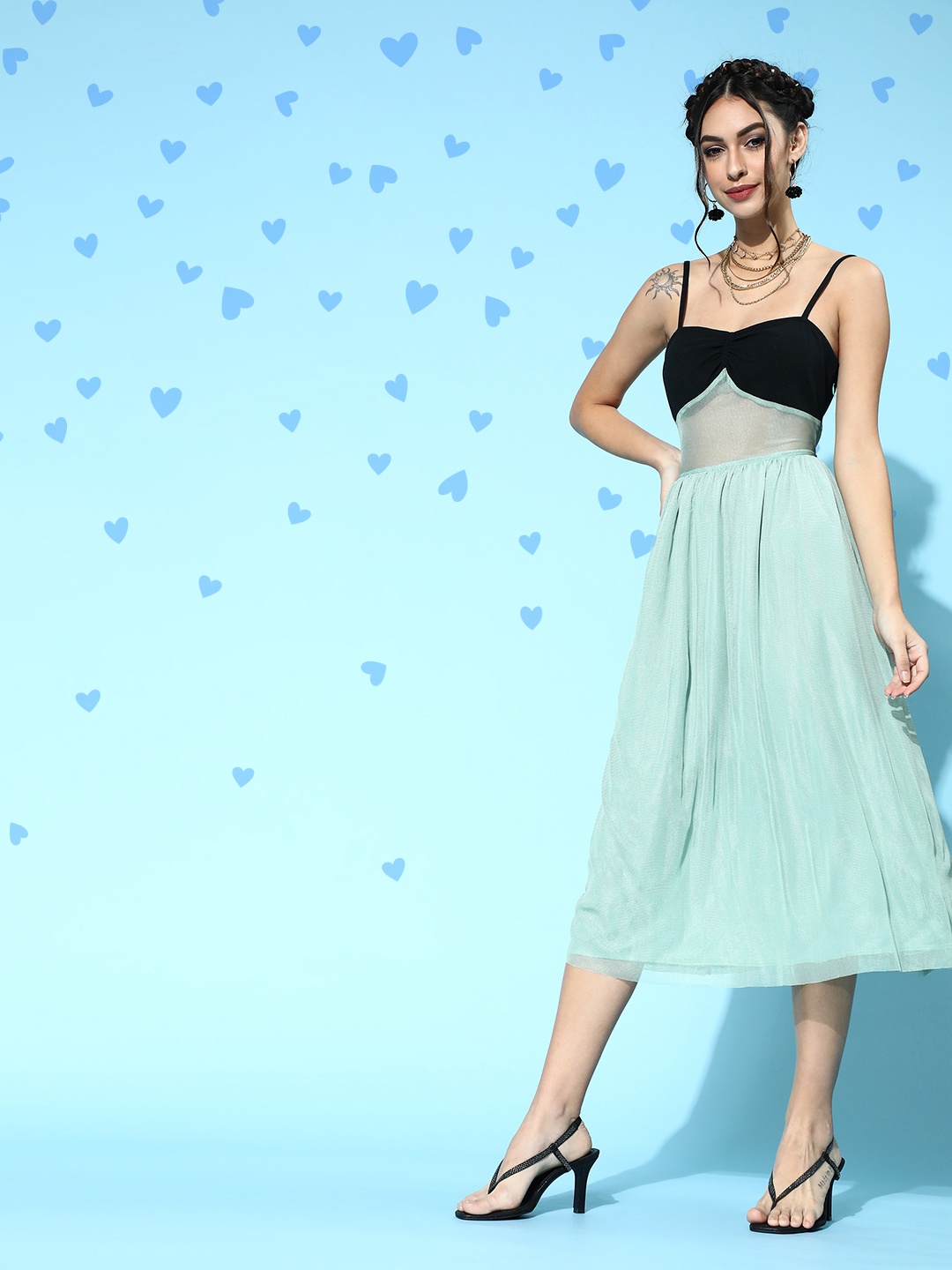 

SASSAFRAS Sea Green Mesh Strappy Midi Dress