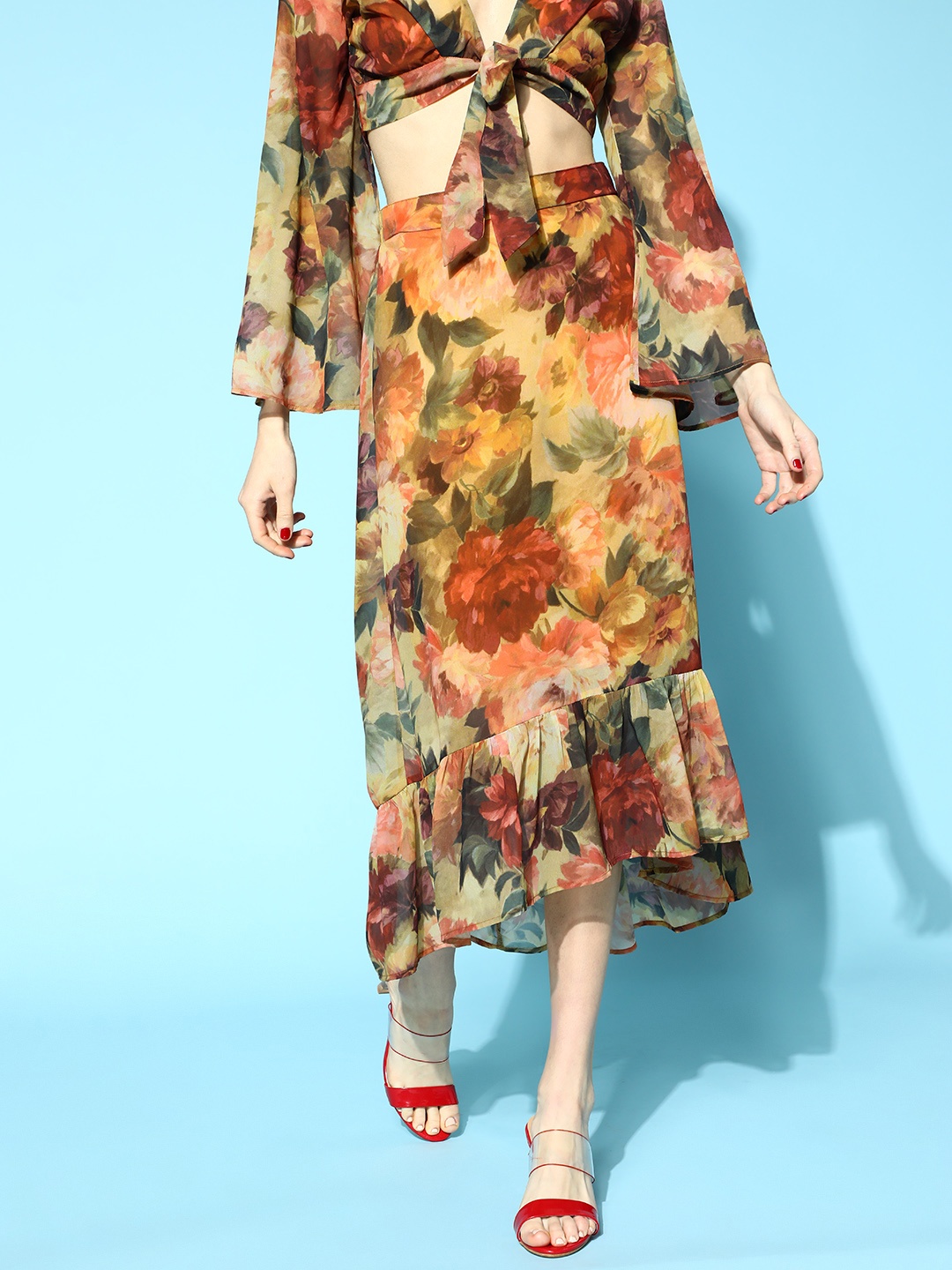 

SASSAFRAS Women Gorgeous Rust Floral Tiered Skirt