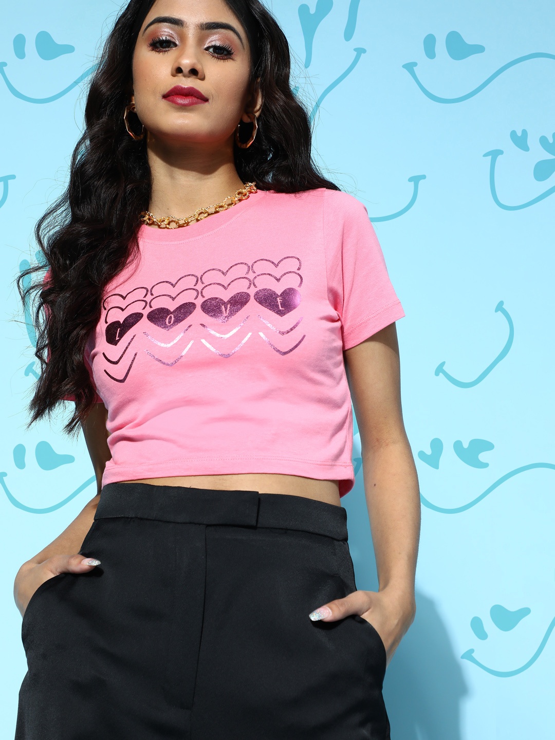 

SASSAFRAS Women Pretty Pink Printed Cropped Tshirt