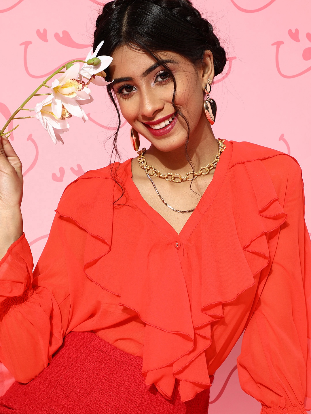 

SASSAFRAS Red Solid Ruffled Top