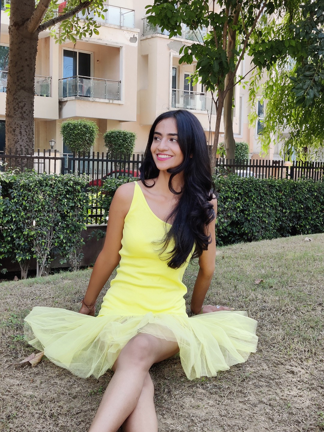 

SASSAFRAS Yellow One Shoulder Net Dress