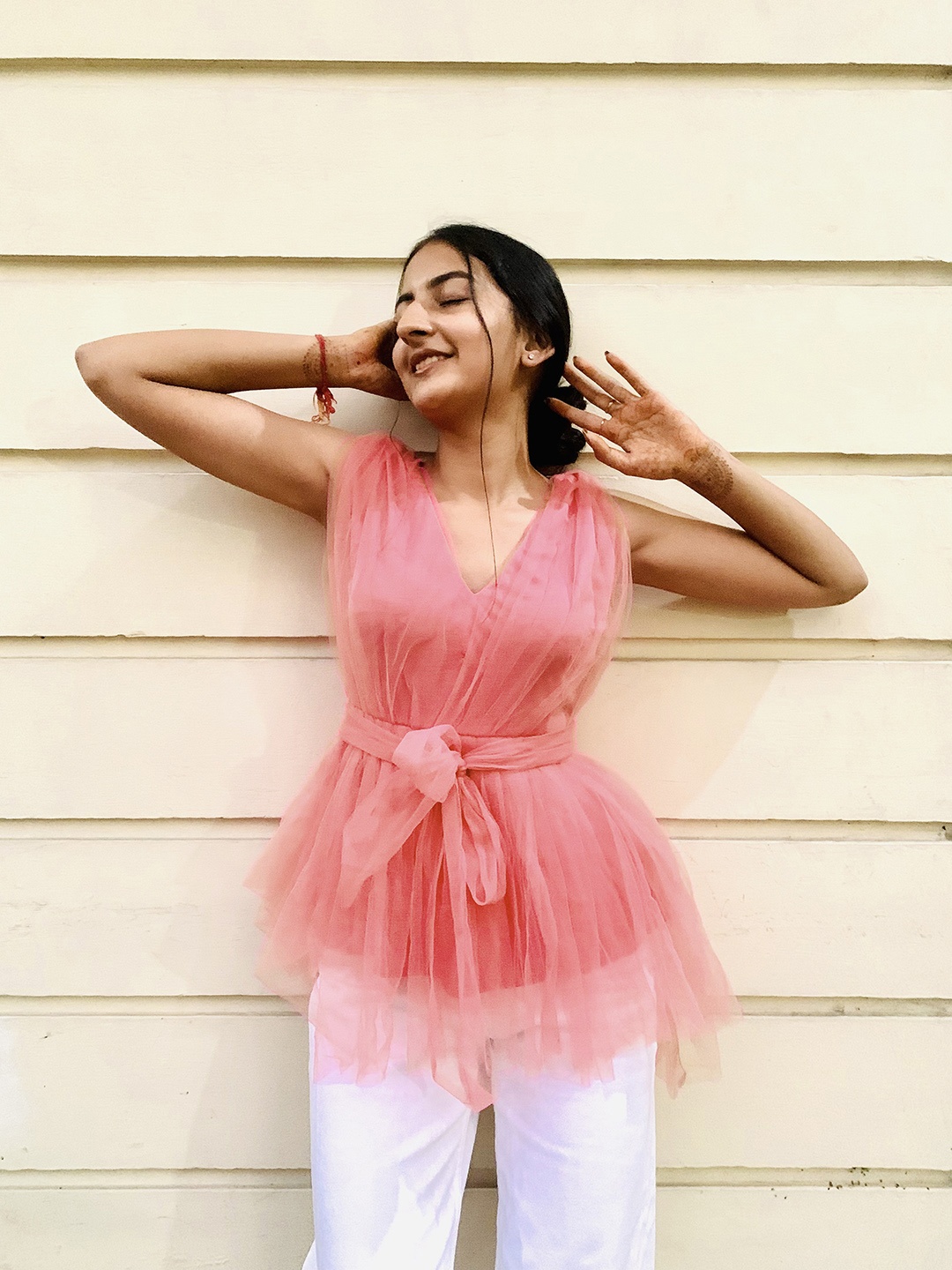 

SASSAFRAS Pink Net Belted Peplum Blouson Top