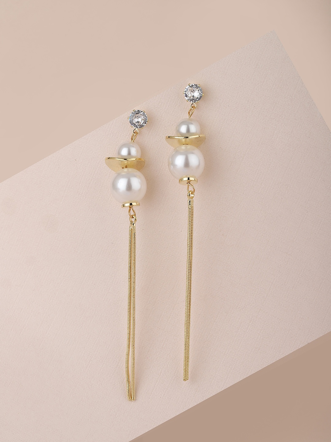 

Carlton London Gold-Toned & Off-White Stone Studded & Beaded Contemporary Drop Earrings