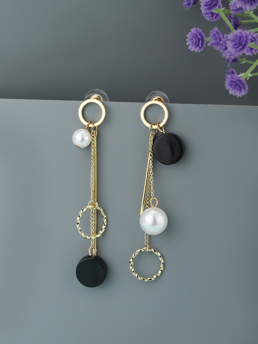 

Carlton London Gold-Toned & Black Stone Studded Beaded Contemporary Drop Earrings