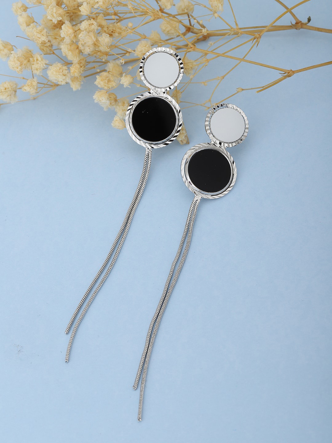 

Carlton London Silver-Toned & White Stone Studded Contemporary Drop Earrings