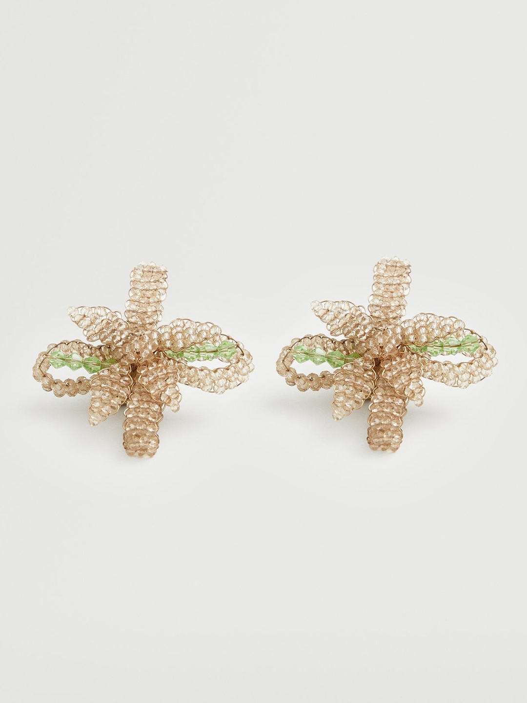 

MANGO Peach-Coloured & Green Beaded Floral Drop Earrings