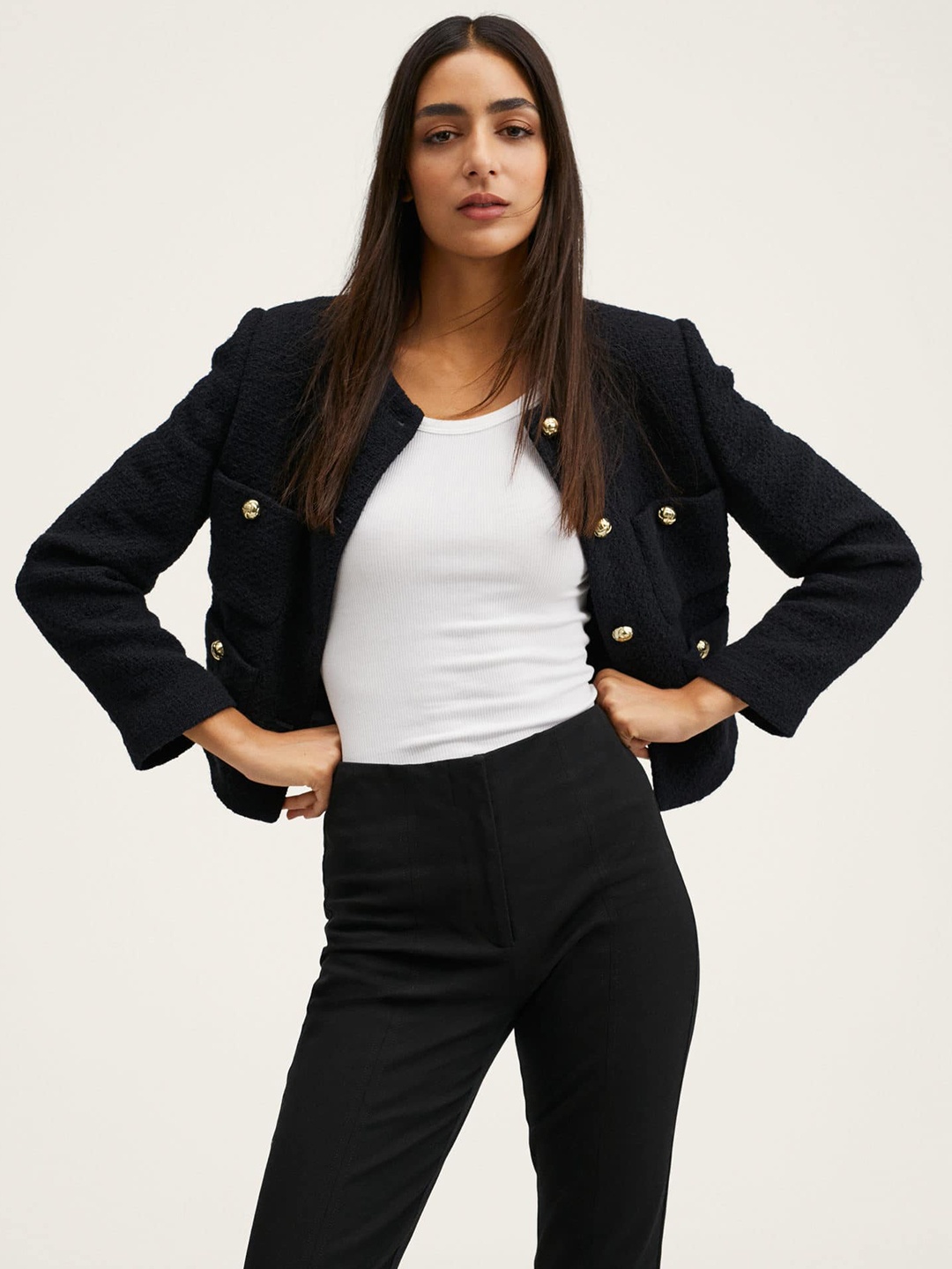 

MANGO Women Black Self Design Tweed Jacket