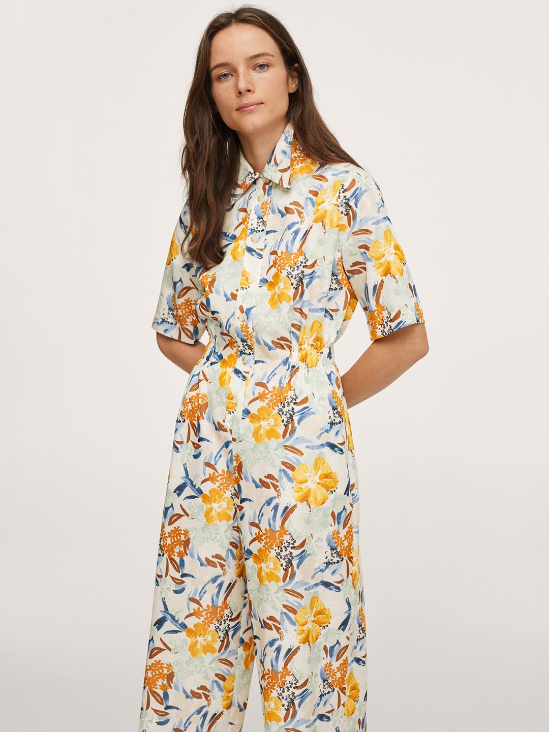 

MANGO Women White & Yellow Printed Basic Jumpsuit