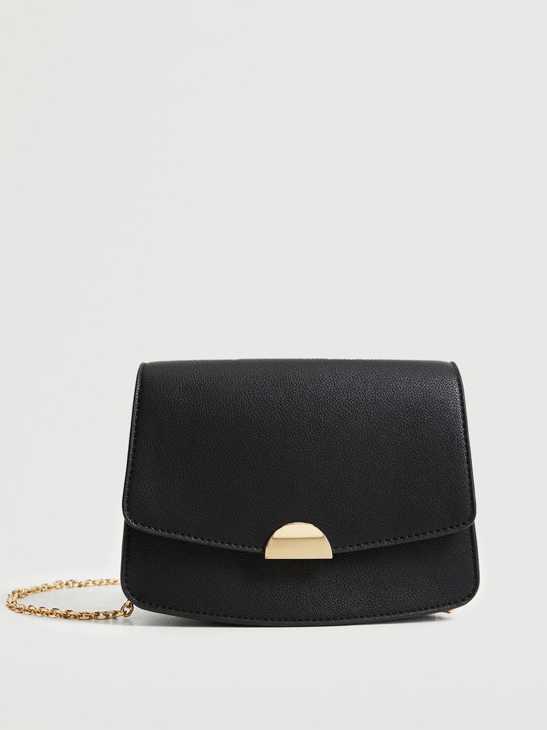

MANGO Black & Gold-Toned Solid Structured Sling Bag