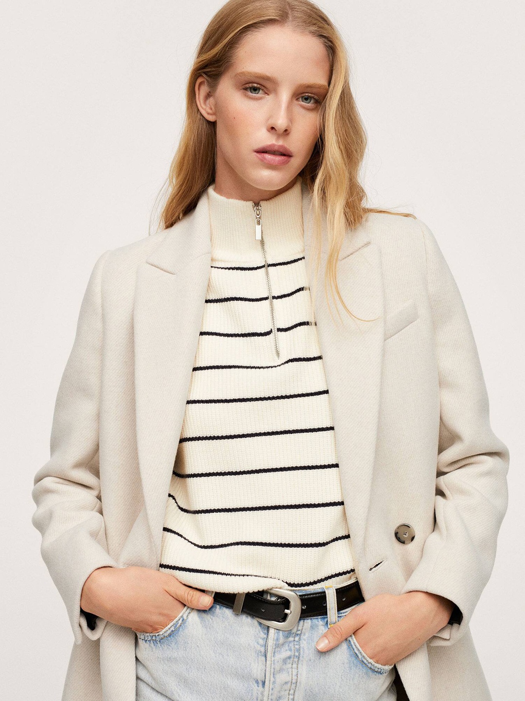 

MANGO Women Off White Self Design Double-Breasted Longline Blazer