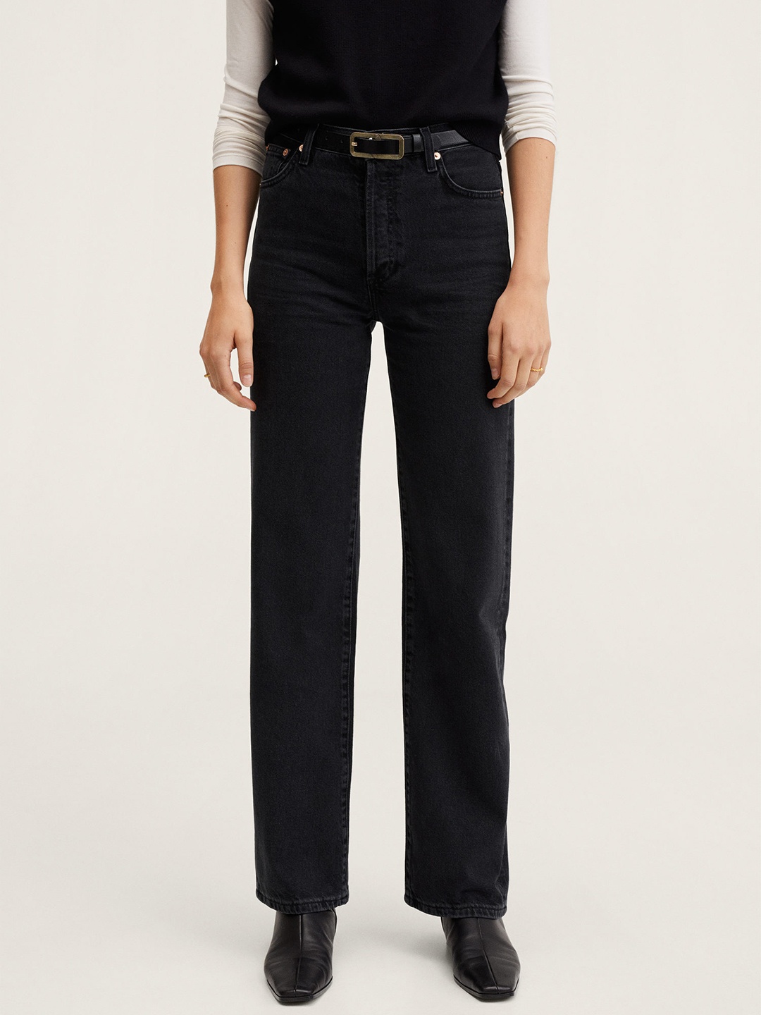 MANGO Women Black Pure Cotton Straight Fit High-Rise Jeans