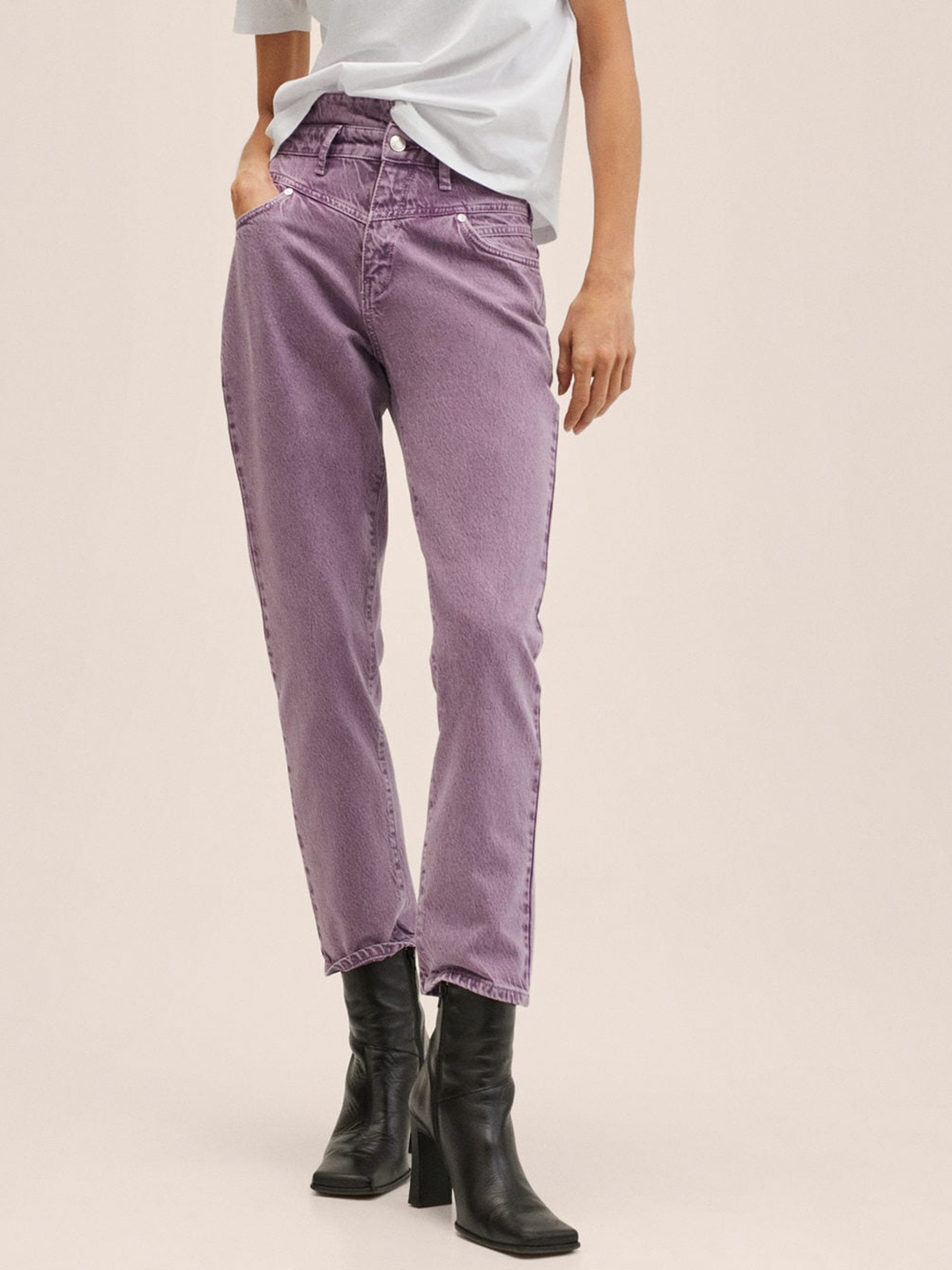 

MANGO Women Purple Pure Cotton Mom Fit High-Rise Jeans