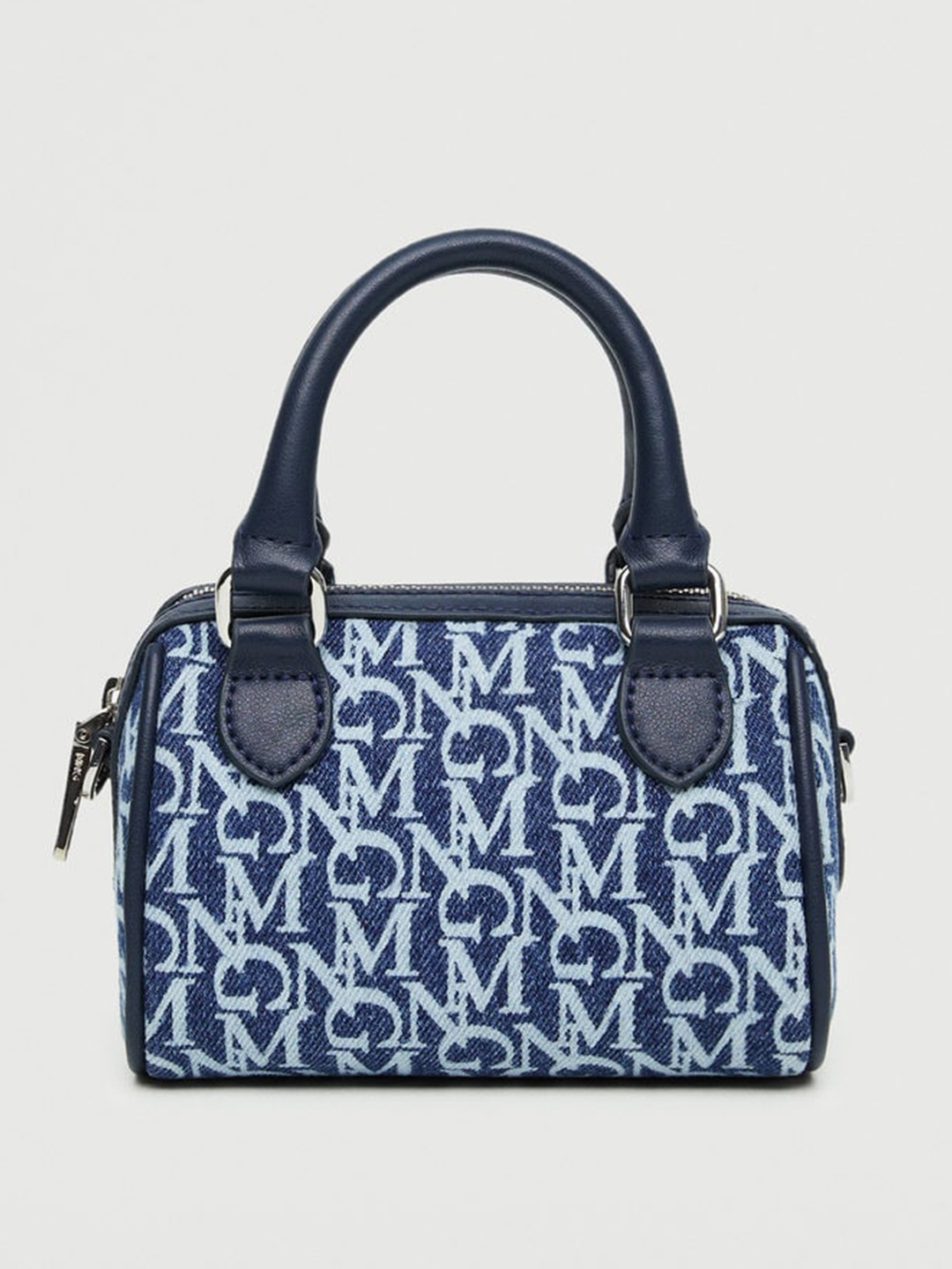 

MANGO Blue & White Brand Logo Print Structured Handheld Bag