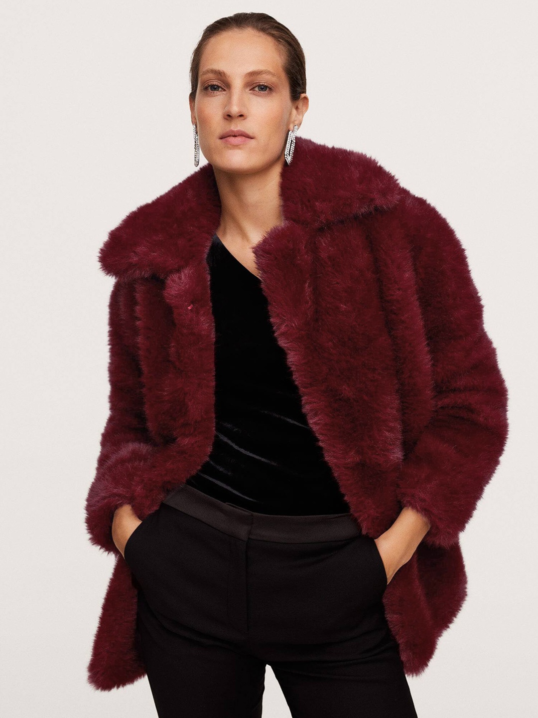 

MANGO Women Maroon Solid Faux Fur Longline Coat