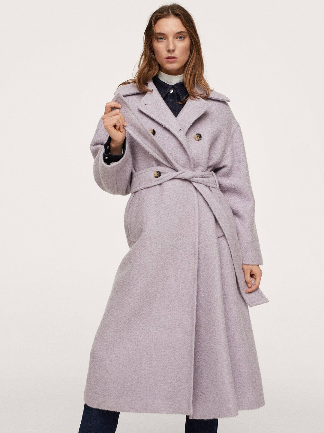 

MANGO Women Lavender Solid Double-Breasted Boucle Longline Trench Coat