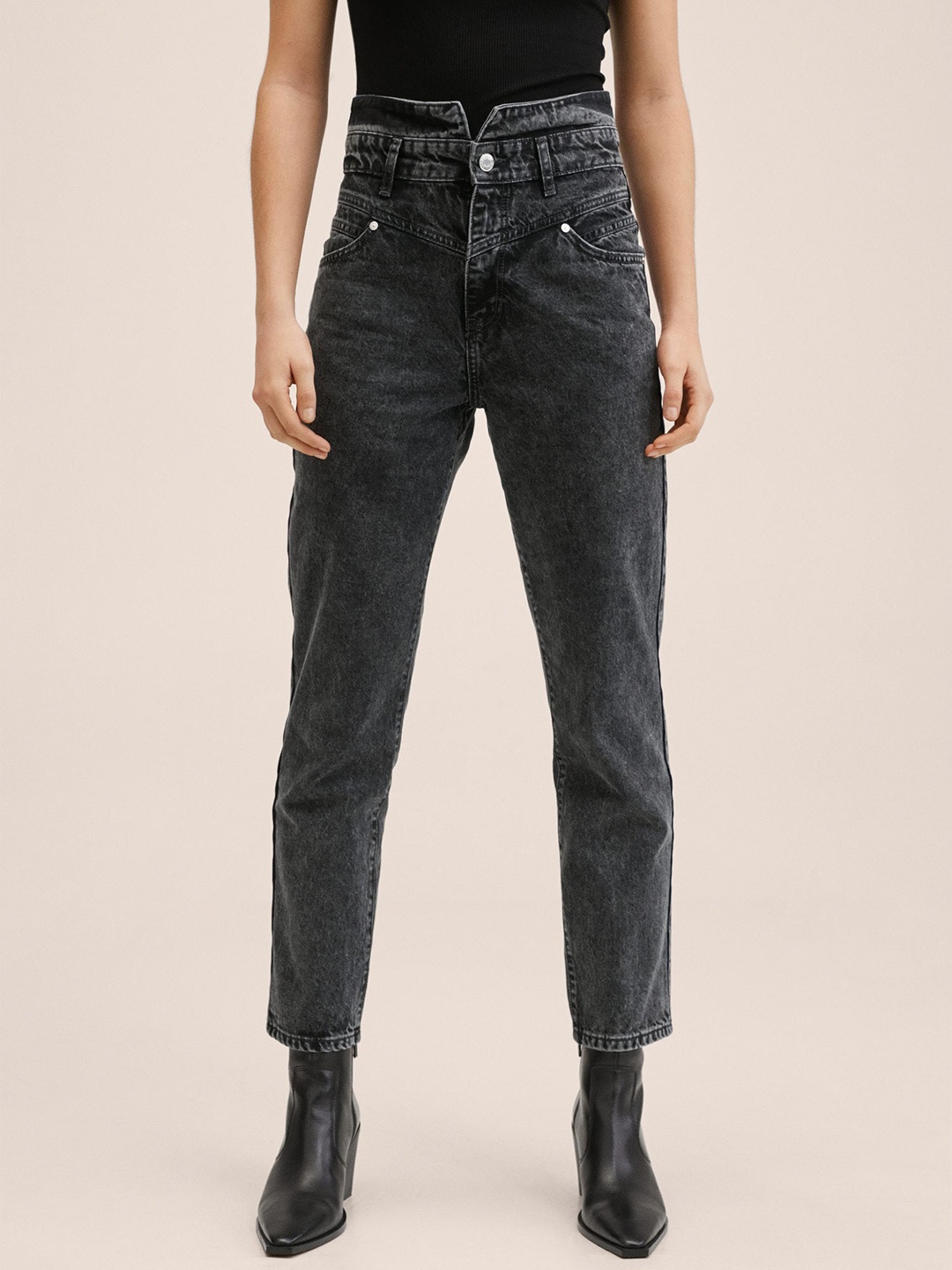 

MANGO Women Charcoal Grey Pure Cotton Mom Fit High-Rise Jeans