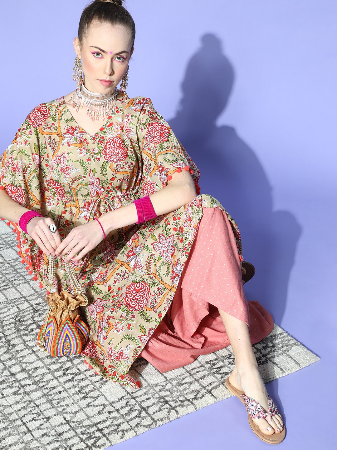 

Janasya Beige Floral New Age Kaftan Kurta