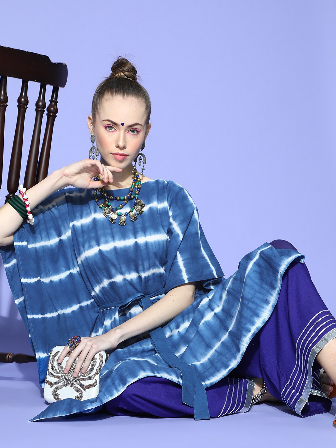 

Janasya Stunning Blue Striped New Age Kaftan Kurta